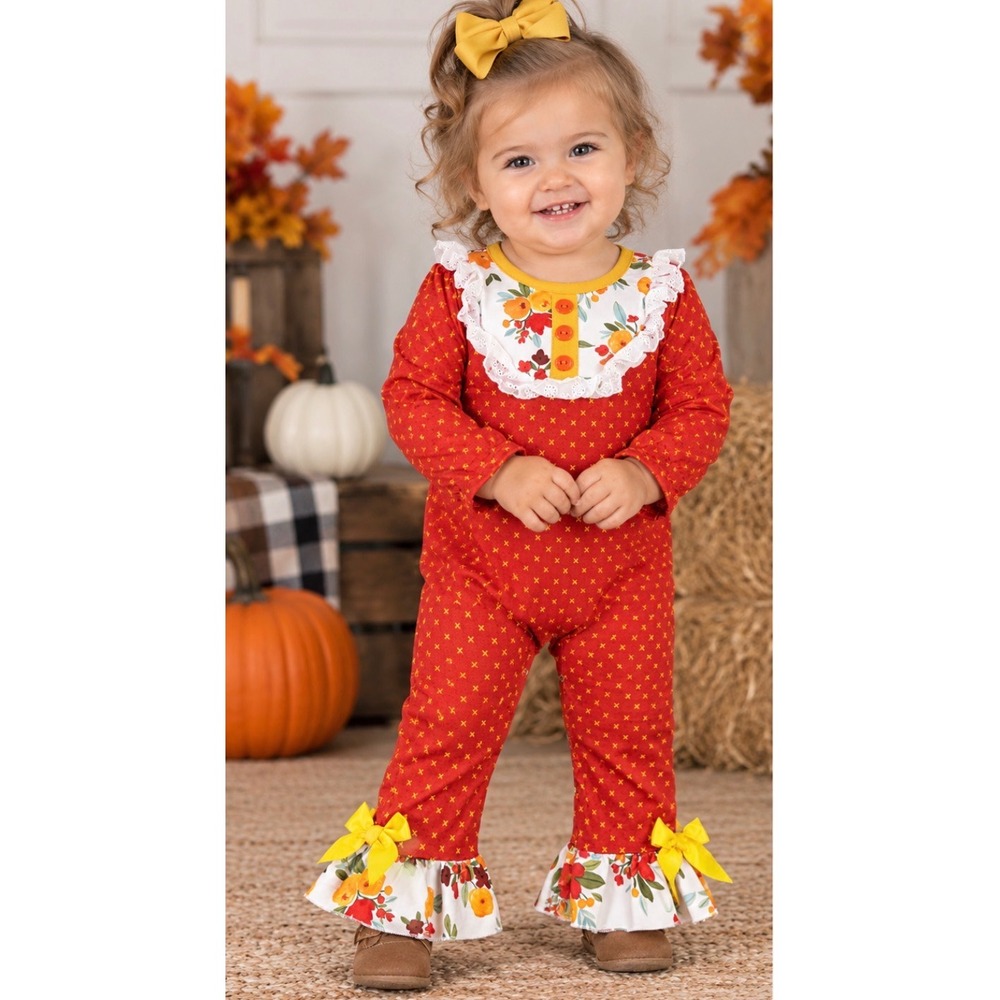 Marie Nicole 18-24M Fall Floral Ruffle Romper Bows Boutique Baby Girl